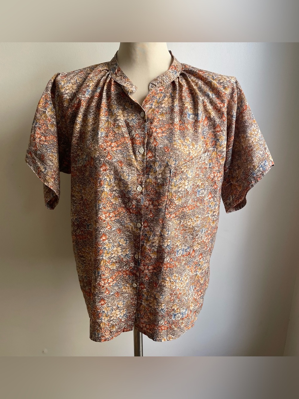 Vintage 1970s Cacharel Cotton Floral Print Blouse Boho Beige France Large 44